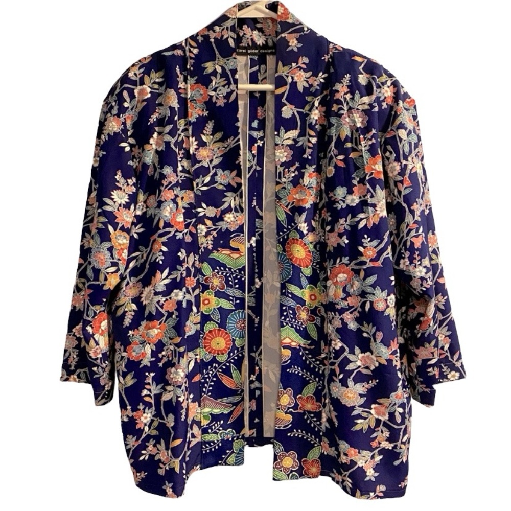 Carol Gildar Designs handmade kimono style jacket loose fit navy floral